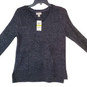 Maison Jules Sweater Women Medium Chenille Black Metallic V-Neck Long Sleeve New